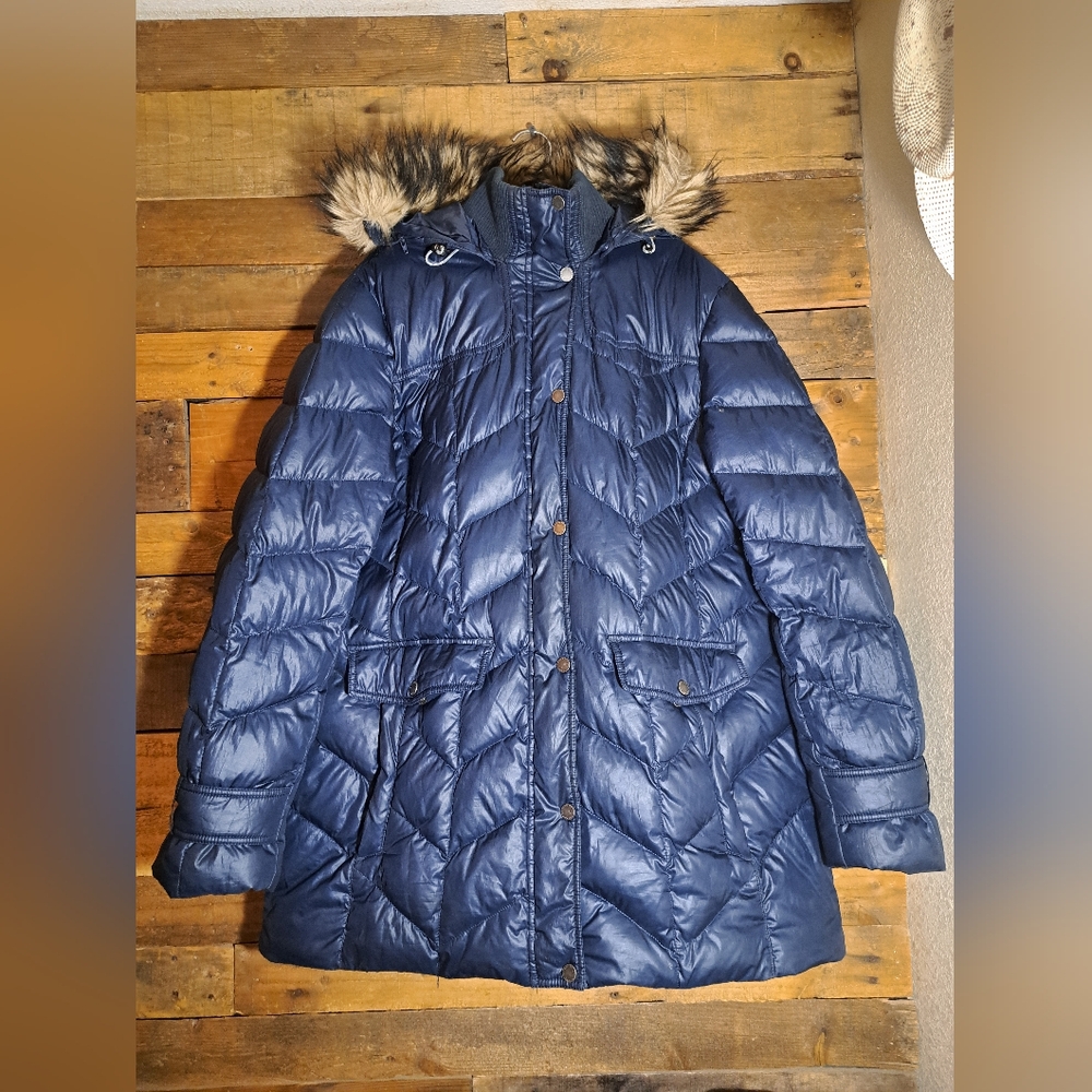Lands End Women's Puffer Jacket Removable Fur Hood‎ Sz 18 XL